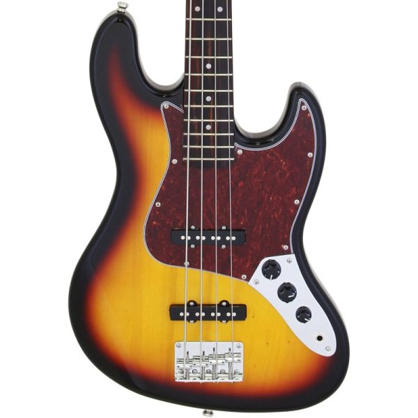 Aria STB Jazz Bass Guitar 3 Tone Sunburst with Tortoise Shell Pickguard