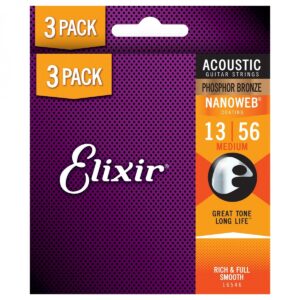 Elixir Phosphor Bronze Nanoweb Acoustic Guitar Strings 3 Pack 13-56